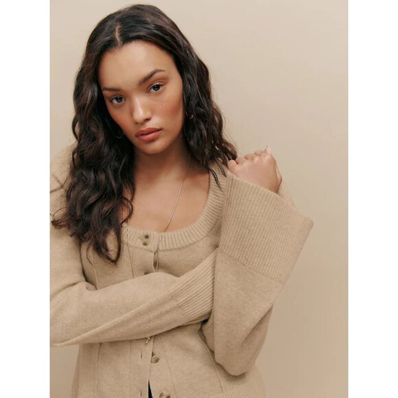 Reformation Karina Regenerative Wool Linen Tan Scoop Neck Cardigan Size L - Picture 2 of 12